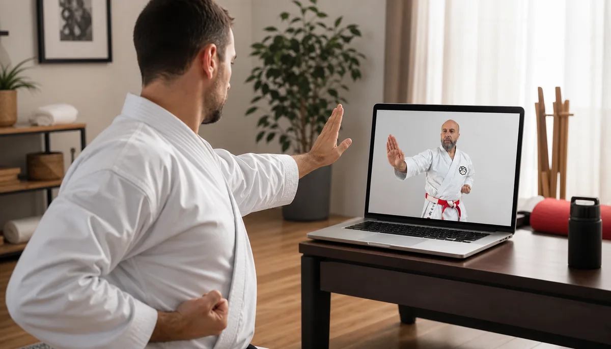 Un pratiquant suit et reproduit un cours de karaté Bujinkai devant son ordinateur