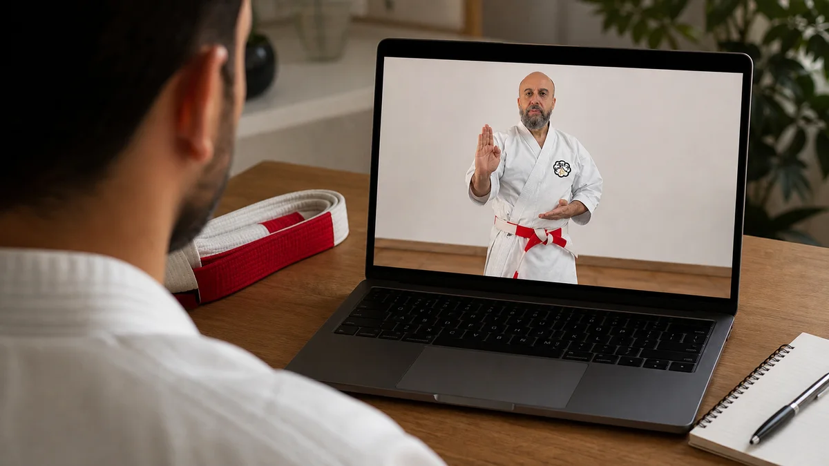 Un pratiquant consulte une leçon vidéo de karaté Bujinkai sur son ordinateur